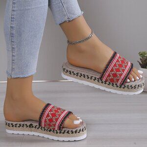 Geometric Weave Platform Sandals in Red